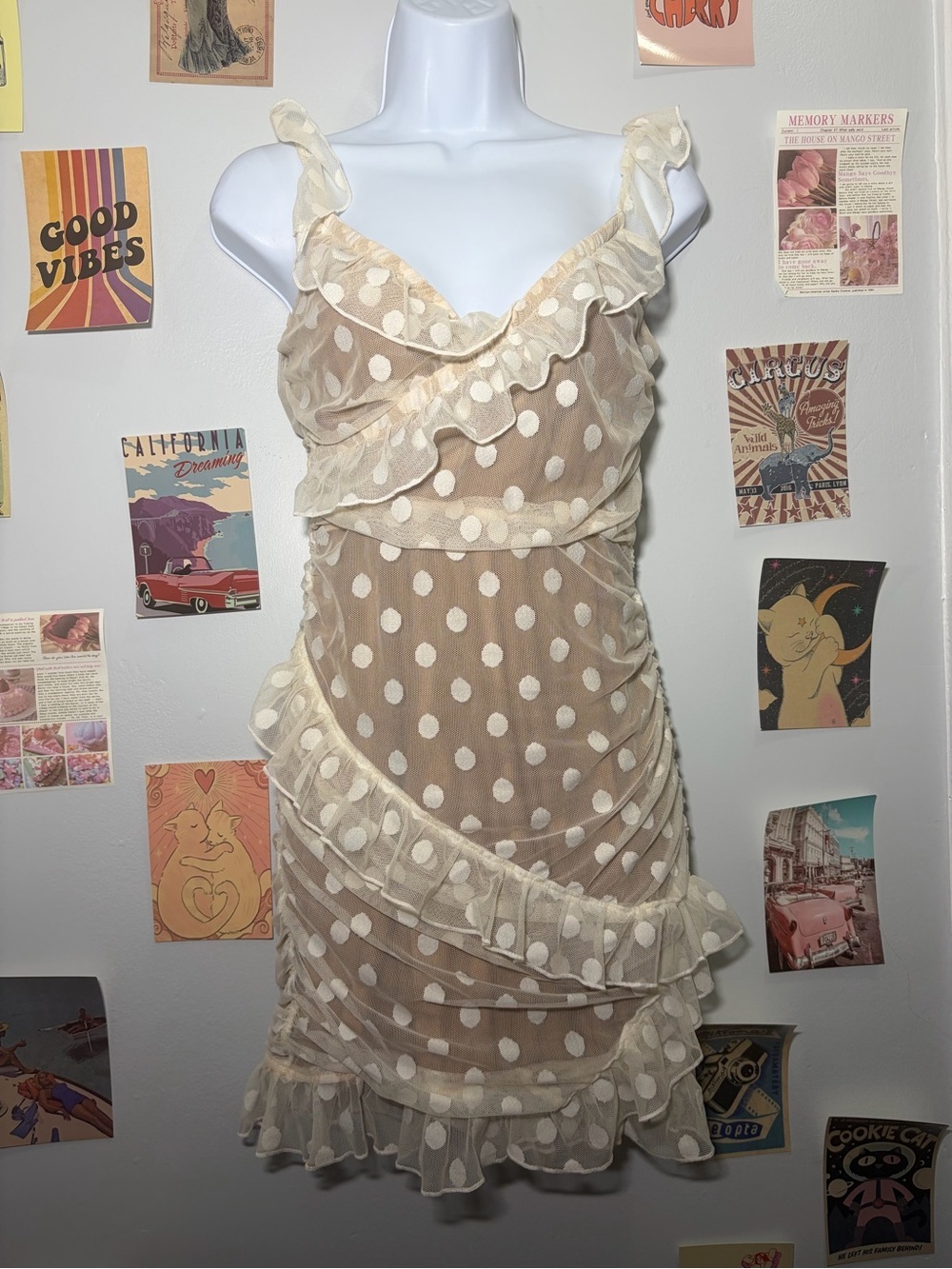 MAJORELLE Cream Polka Dot Ruffle Slip Dress